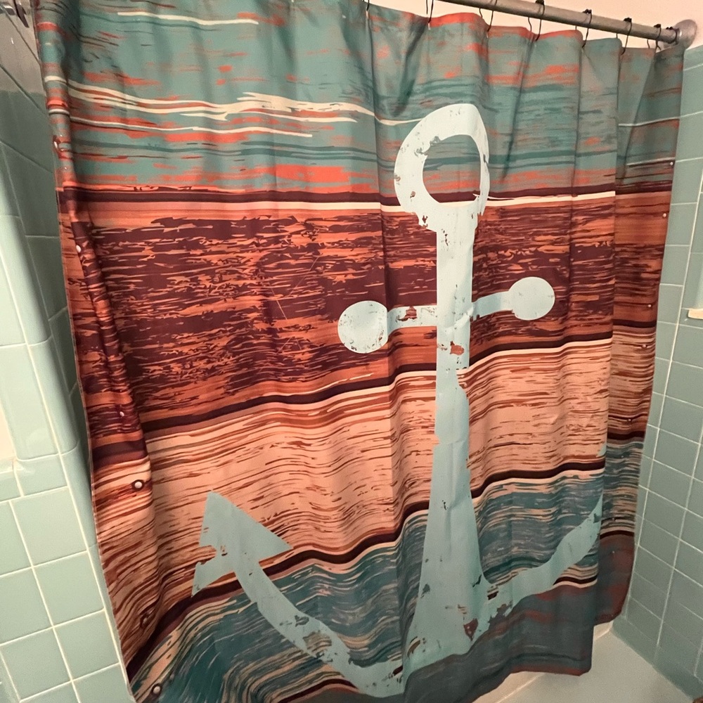 Nautical Anchor Shower Curtain - turquoise and Brown with hanging rings 
NEW!
